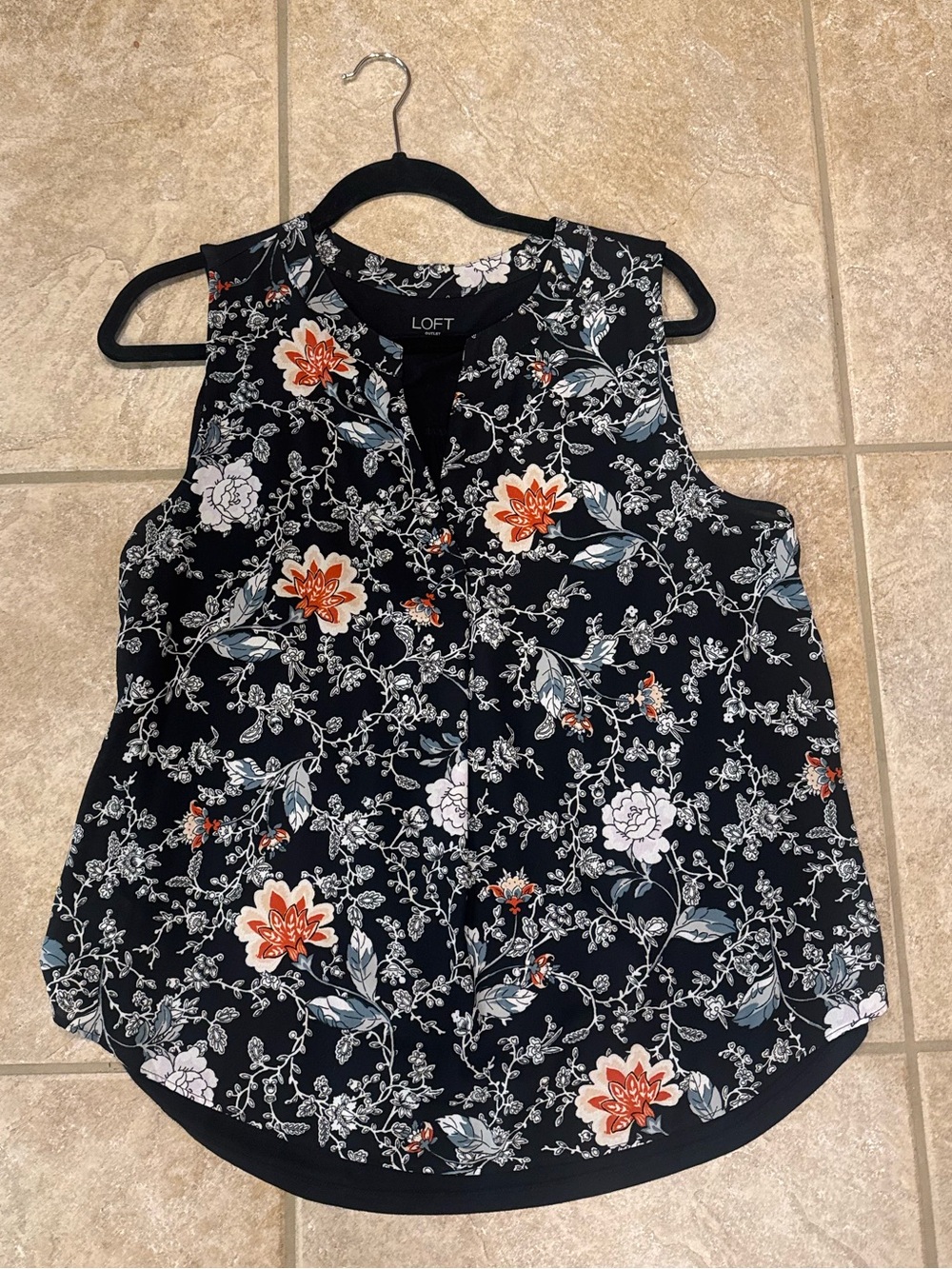 LOFT Black Sleeveless Floral Camisole with Orange & White Blooms